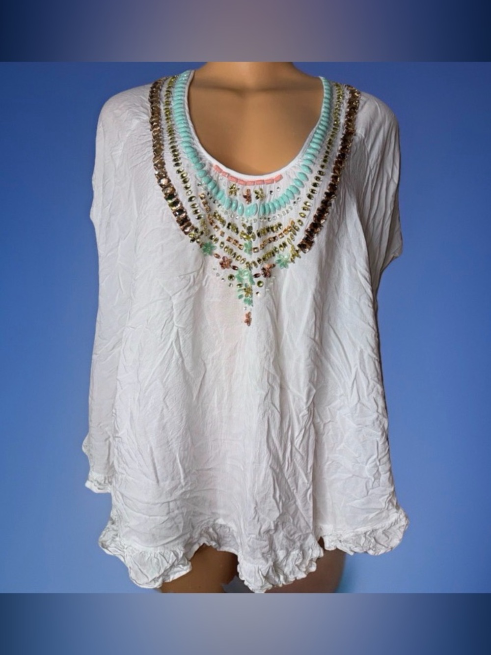 Embellished White Boho Scoop Neck Women's Top